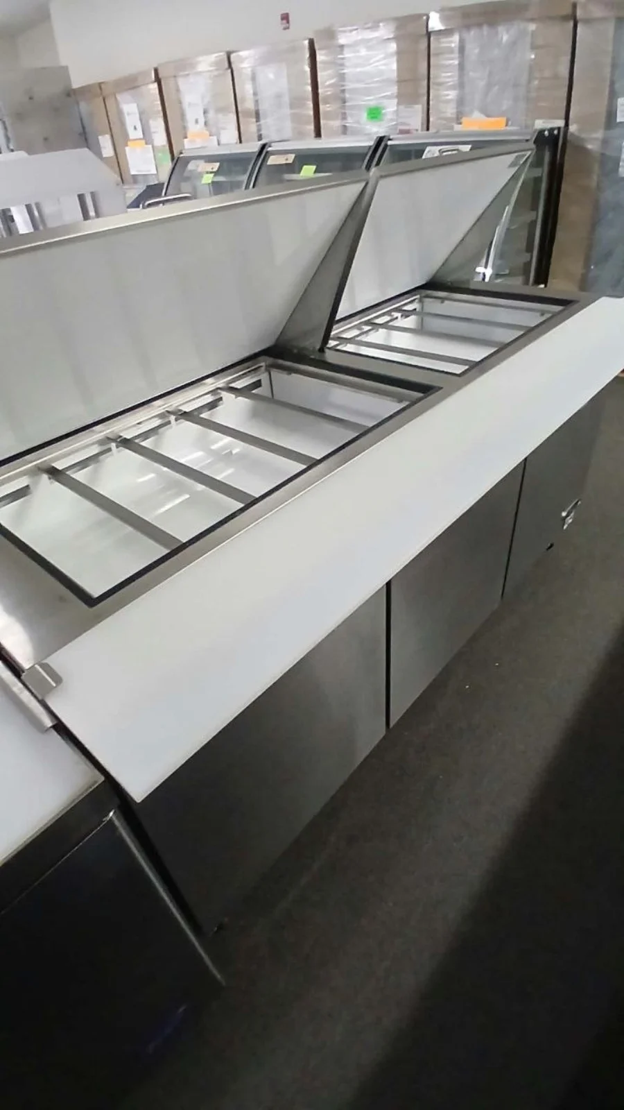 Stainless commercial sandwich and salad prep table with pan rails