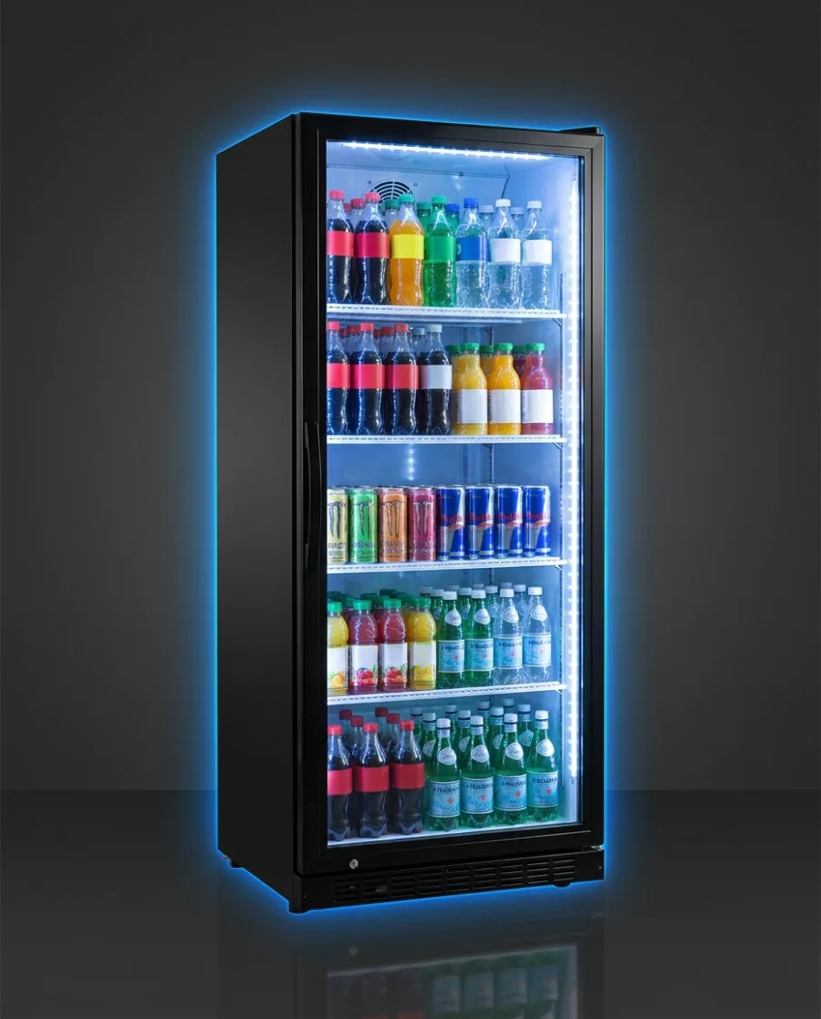 Glass-door drink cooler glowing with blue LED light